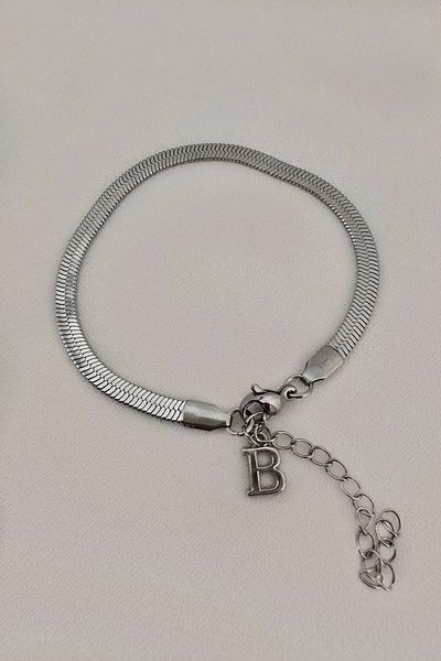 The Collection Unisex Tarnish Free Flat Italian Chain Silver Letter Steel Bracelet