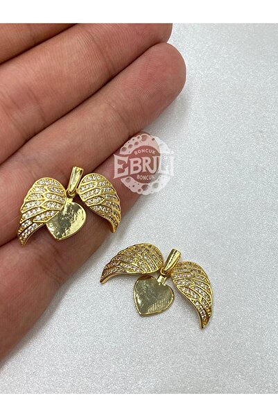 Ebruli Boncuk Kanatlı Kalp Zirkon Taşlı Altın Rengi Kolye Ucu Çelik Takı Akse...