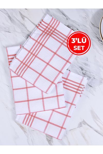 Tuable Waffle Pattern 3-Piece Red Kitchen Drying Cloth, Lunch Cover, American Serving Napkin, Set 50X70Cm