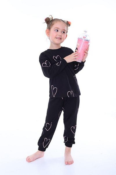 Minik Dolap Set de pijamale negre pentru fete, 100% bumbac, cu model de inimă