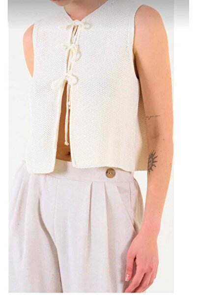 Pazar Sepeti Cardigan de damă, cu gât roșu, cu cravată în față, cu dantelă