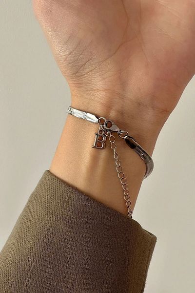 The Collection Unisex Tarnish Free Flat Italian Chain Silver Letter Steel Bracelet