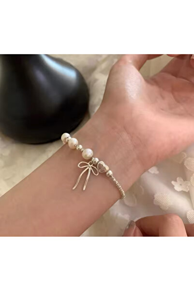 Harlofia Jewelry Gümüş Kaplama Inci Detaylı Dorika Fiyonk Kurdele Bileklik