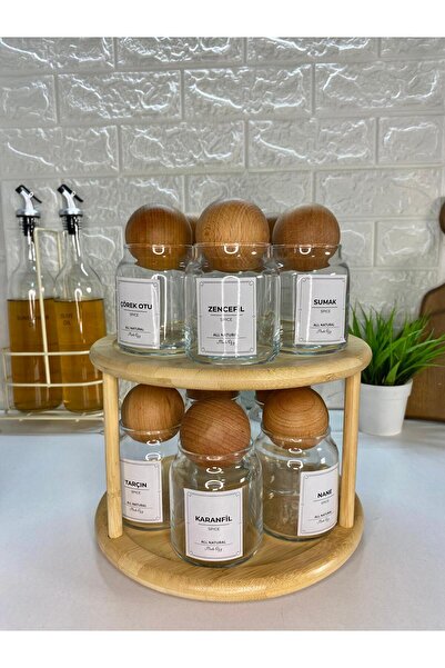 MODA OZY 10-Piece Wooden Ball Lid Rotating Stand Labeled 300ml Glass Spice Dispenser Set Storage Jar