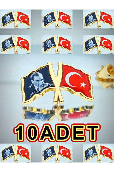 YÖRÜK TASARIM 10 Adet Türk Bayrağı & Atatürk Altın Kaplama Mineli Döküm Yaka ...