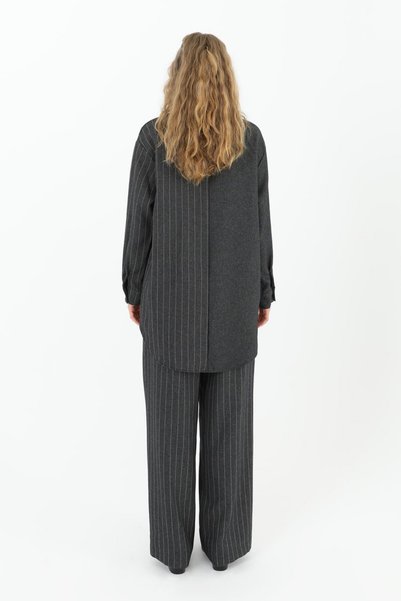 Puane Women's Soft Textured Shoulder and Pocket Stone Detailed Striped Anthracite Shirt/Tunika 10552