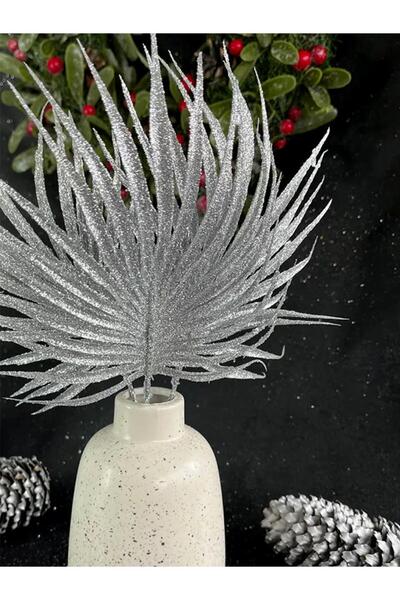 Parti Adresi Yılbaşı Dekoru Simli Palmiye Yaprağı Dekoratif Dal Gümüş 30 cm