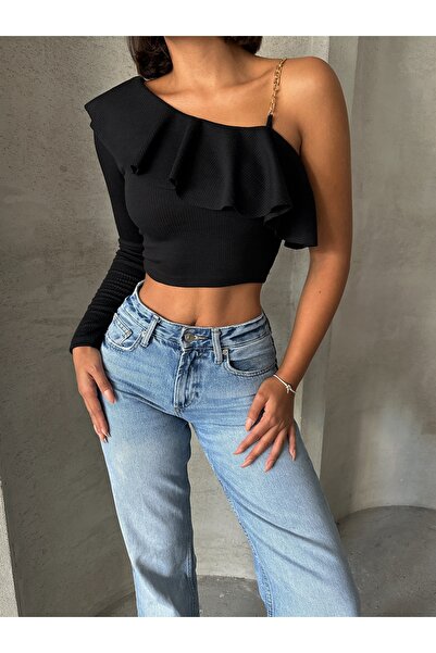 Zeynep Öykü Style Önü Gipeli Tek Omuz Detaylı Uzun Kollu Bürümcük Siyah Bluz