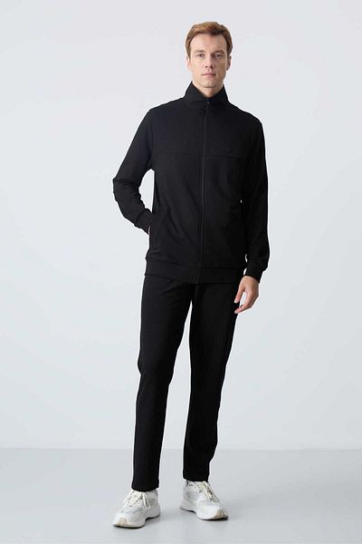TOMMY LIFE Basic Men's Black Tracksuit Set - Zip-Up Collar, Cotton and Soft Texture 85260