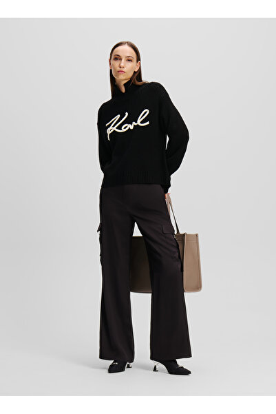 Karl Lagerfeld Dik Yaka Standart Nakışlı Siyah Kazak Kadın 246W2000