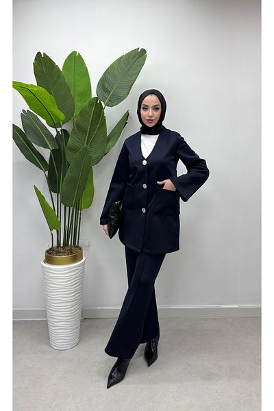Tesettür Diyarı Navy Blue Scuba Set - Button and Pocket Detail