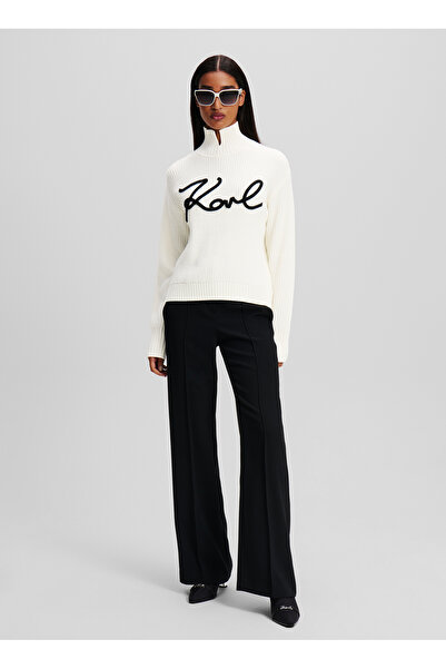 Karl Lagerfeld Dik Yaka Standart Nakışlı Beyaz Kazak Kadın 246W2000