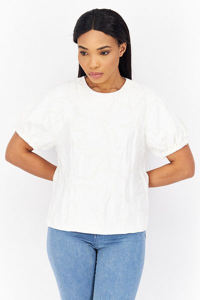 TAIFUN Women Crew Neck Short Sleeve Textured Top, White