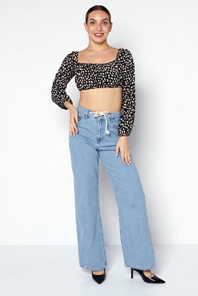 Endless Blu Women Square Neck Long Sleeve Top, Black