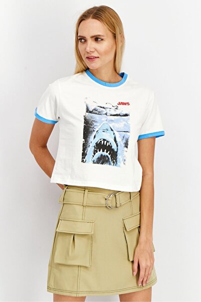 Jaws Women Crew Neck Short Sleeve Graphic Top, White