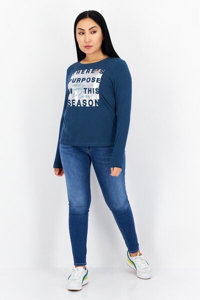 s.Oliver Women Crew Neck Long Sleeves Graphic Print Top, Teal Blue Combo