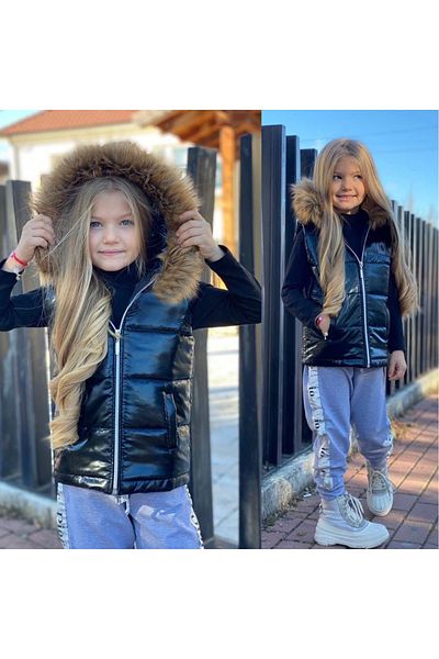 Calisa Set de 2 piese pentru fete, cu glugă din blană, vestă și pantaloni de trening