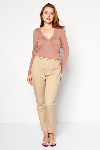 LUCKY BRAND Women V Neck Long Sleeve Plain Top, Brown