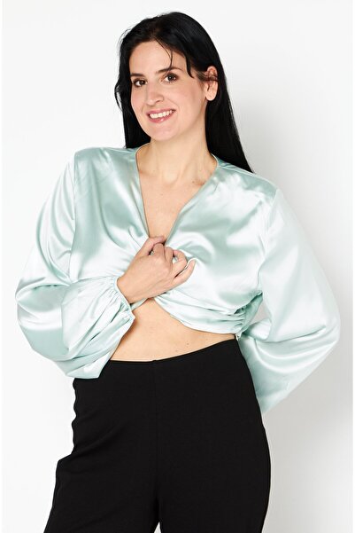 Yaura Women V-Neck Balloon Sleeve Satin Twist Top, Sage Green