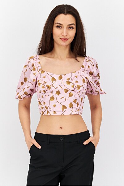 Urban Revivo Women Square Neck Balloon Sleeve Allover Printed Top, Pink Combo