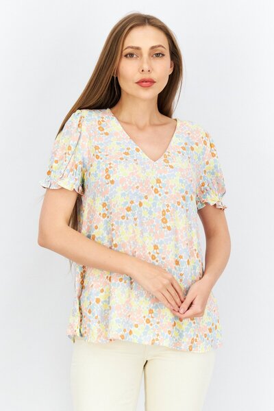 edc Women V-Neck Short Sleeve Allover Print Top, Yellow Combo