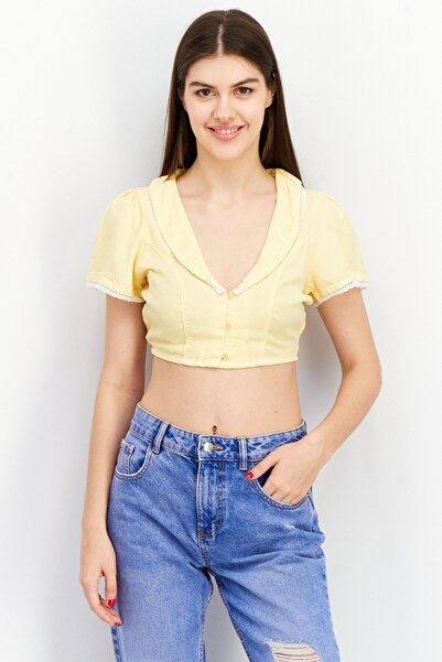 Asos Design Women Plunging Neck Short Sleeve Plain Crop Top, Yellow