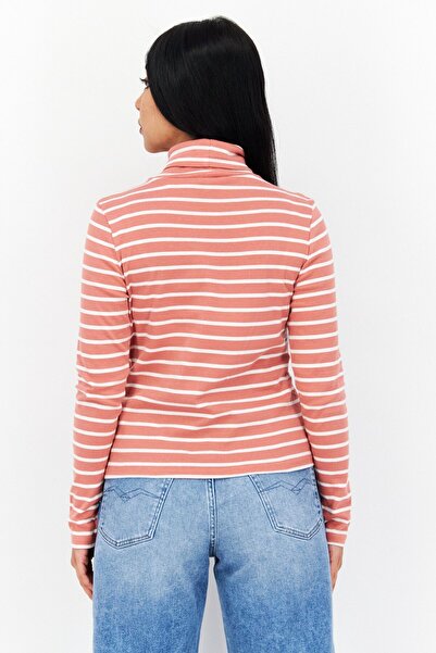 s.Oliver Women Funnel Neck Long Sleeve Stripes Top, Salmon