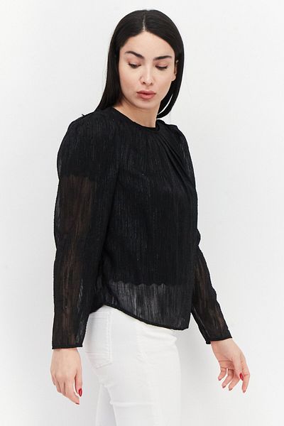 Dkny بلوزة معدنية بأكمام منفوخة ورقبة دائرية للنساء، أسود