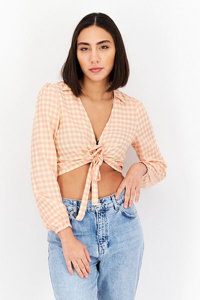 VILA Women V Neck Long Sleeve Gingham Blouse, Pink