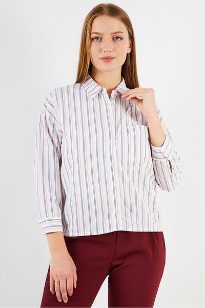 IKKS Women Spread Collar Long Sleeves Stripe Print Top, White Combo