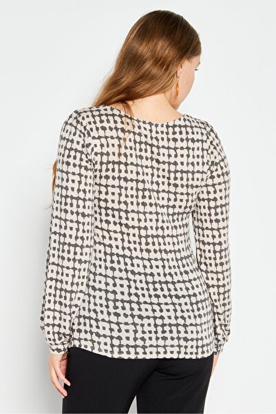 Kaileigh Women Boat Neck Long Sleeve Allover Print Top, Beige