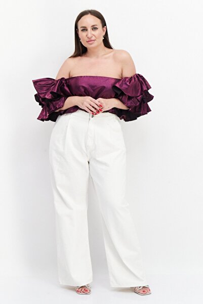 Yaura Women Plus Size Off Shoulder Ruffle Sleeve Metallic Top, Purple