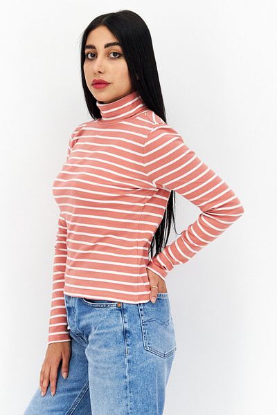 s.Oliver Women Funnel Neck Long Sleeve Stripes Top, Salmon