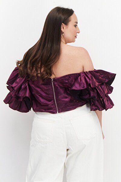 Yaura Women Plus Size Off Shoulder Ruffle Sleeve Metallic Top, Purple