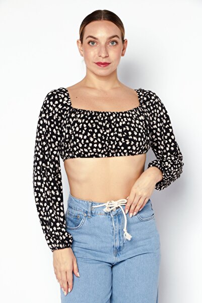 Endless Blu Women Square Neck Long Sleeve Top, Black