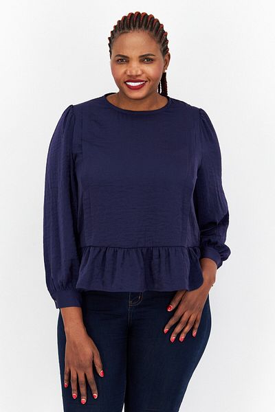 s.Oliver Women Crew Neck Long Sleeve Solid Tiered Blouse, Indigo