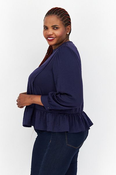s.Oliver Women Crew Neck Long Sleeve Solid Tiered Blouse, Indigo