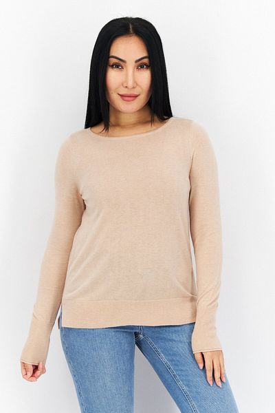 comma Women Round Neck Long Sleeve Solid Top, Beige