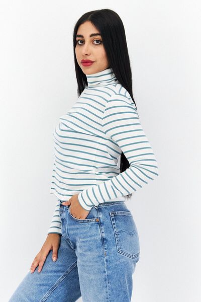 s.Oliver Women Turtle Neck Long Sleeve Stripe Blouse, White