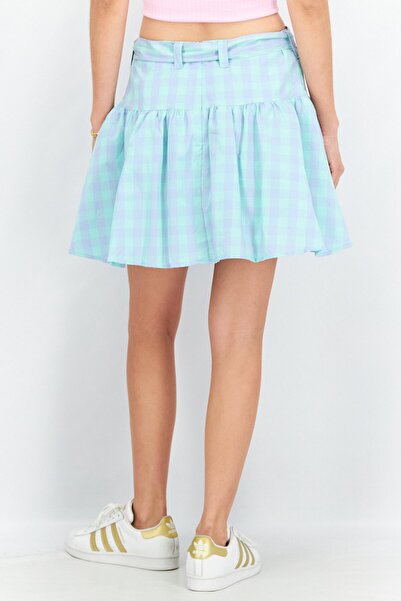 Asos Design Women Belted Gingham Mini Skirt, Turquoise Combo