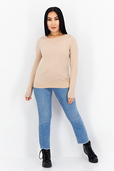 comma Women Round Neck Long Sleeve Solid Top, Beige