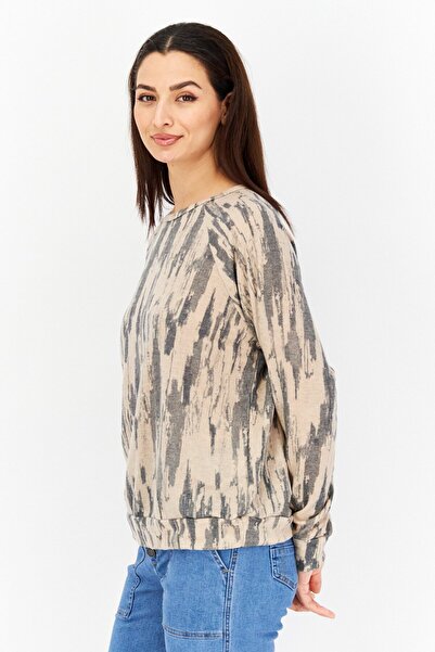 Endless Blu Women Crew Neck Long Sleeves Allover Print Top, Multicolor