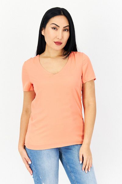ZERO Women V-neck Short Sleeves Plain Blouse, Orange