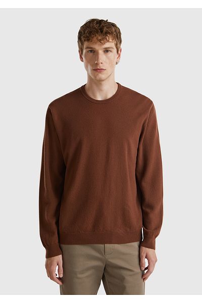 United Colors of Benetton Мъжки пуловер с кръгло деколте от 100% мериносова вълна кафяв