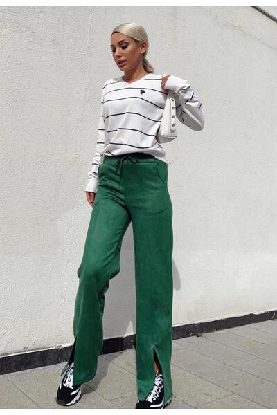 SUSEEMODA Paça Yırtmaç Detay Süet Pantolon Yeşil