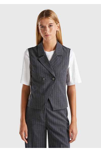 United Colors of Benetton Women's Anthracite Viscous Blended Buttoned Striped Pointed Neck Double Breasted Vest