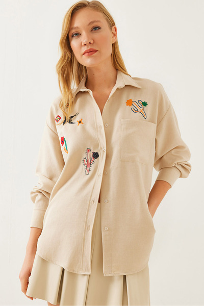 Detua Nakış işlemeli Keten Dokuma Gömlek