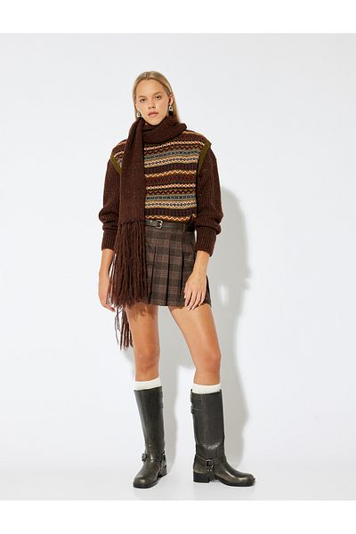 Koton Stand Collar Sleeveless Ethnic Patterned Knitted Sweater