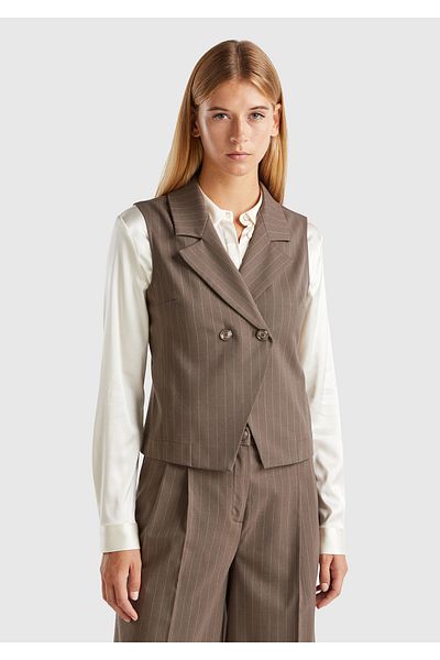 United Colors of Benetton Women's Tan Viscous Blended Buttoned Striped Pointed Neck Double Breasted Vest