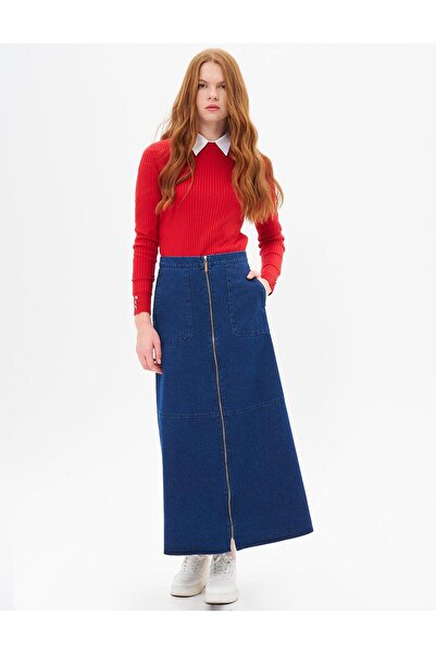 Kayra Navy Blue Denim Skirt - Zipper Closure